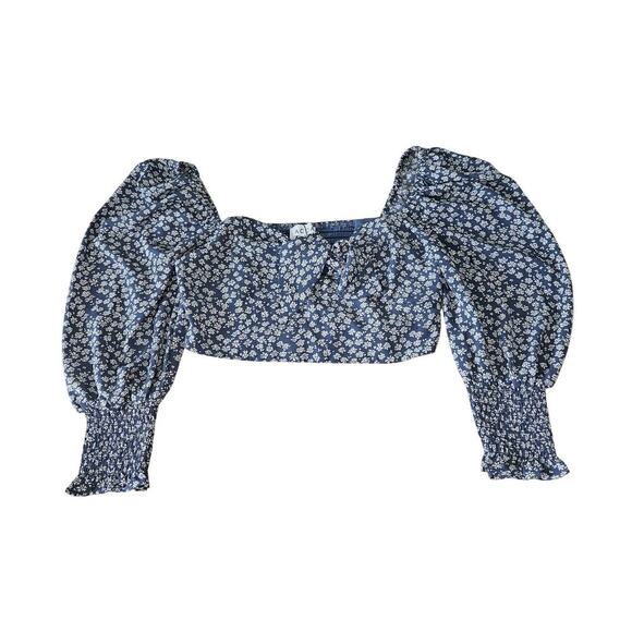 ACOA Crop Top Blue Floral Balloon Sleeve Blouse Women's Size Small Elastic Back - Picture 2 of 8